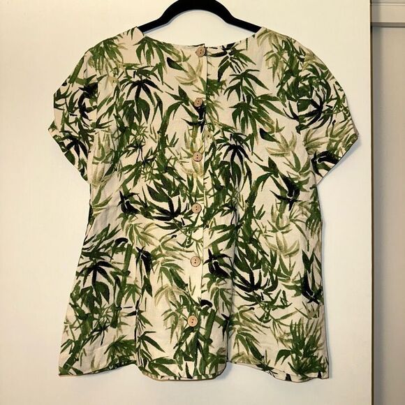 J. Jill Womens Linen Blend Button Back Tee Green Beige Tropical Palm Small EUC - Picture 5 of 11